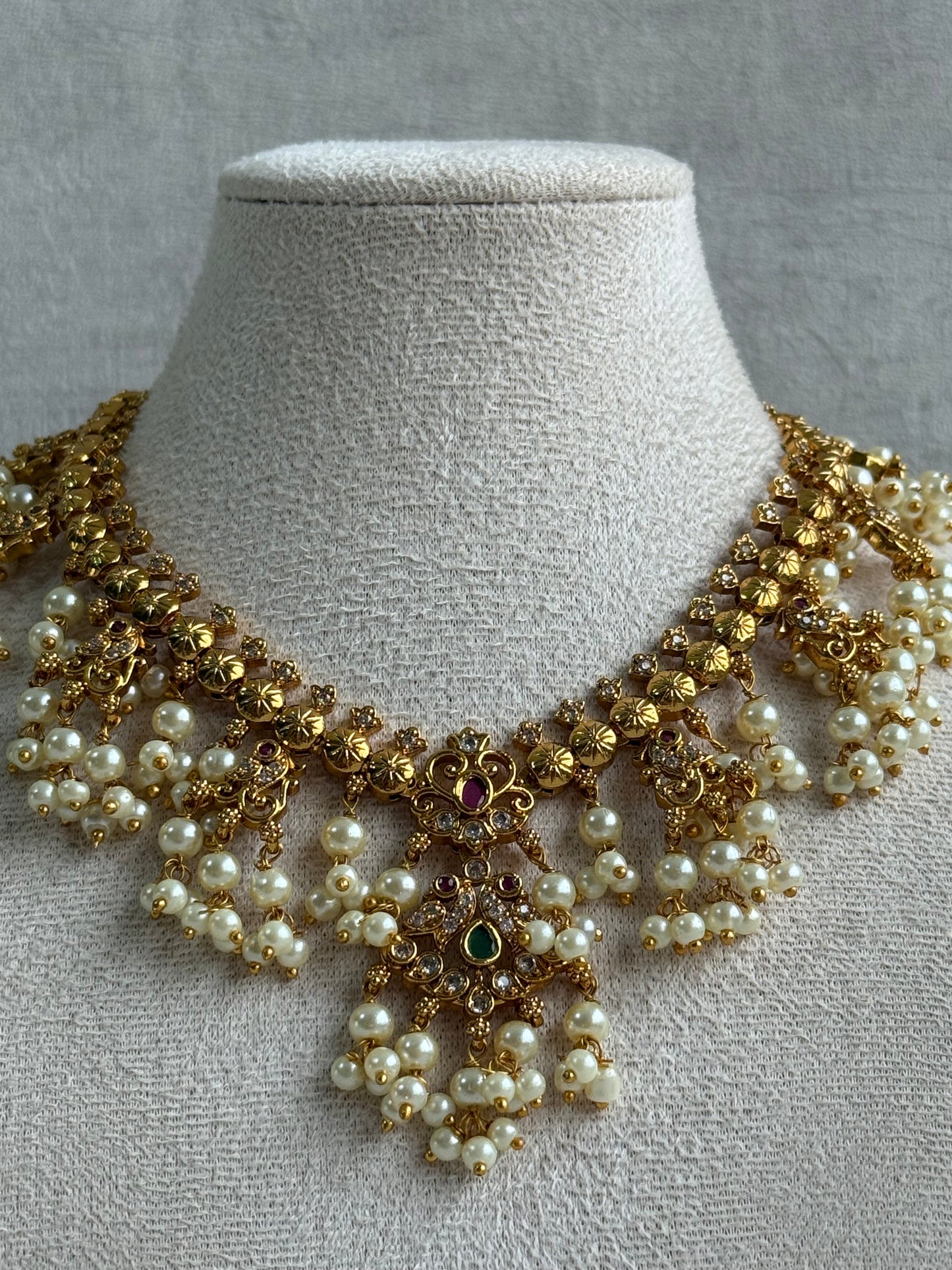 Ayura Designs Tanvi Set – Antique Gold Necklace & Earrings with Kundan, Ruby, Emerald & Pearl Detailing