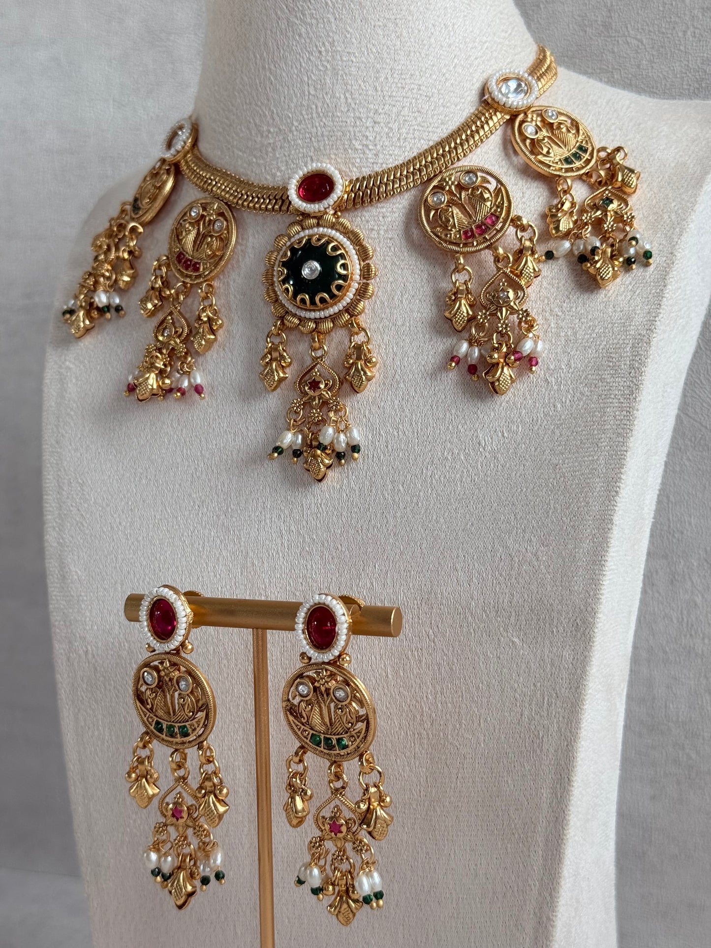 Ayura Designs Parchhai Necklace Set with Earrings – Ruby Red, Rose Pink & Emerald Green Stones, Bird Motifs & Pearl Detailing