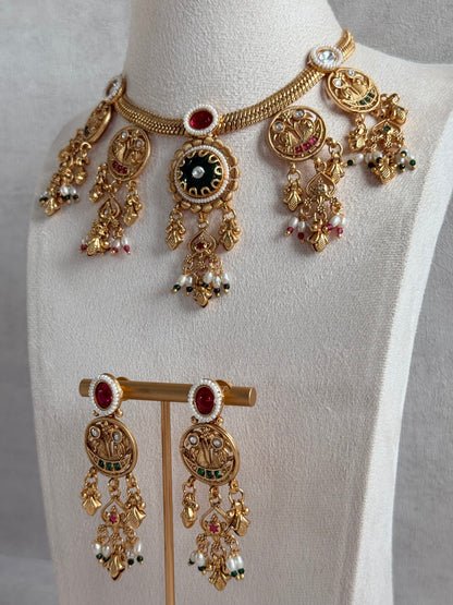 Ayura Designs Parchhai Necklace Set with Earrings – Ruby Red, Rose Pink & Emerald Green Stones, Bird Motifs & Pearl Detailing