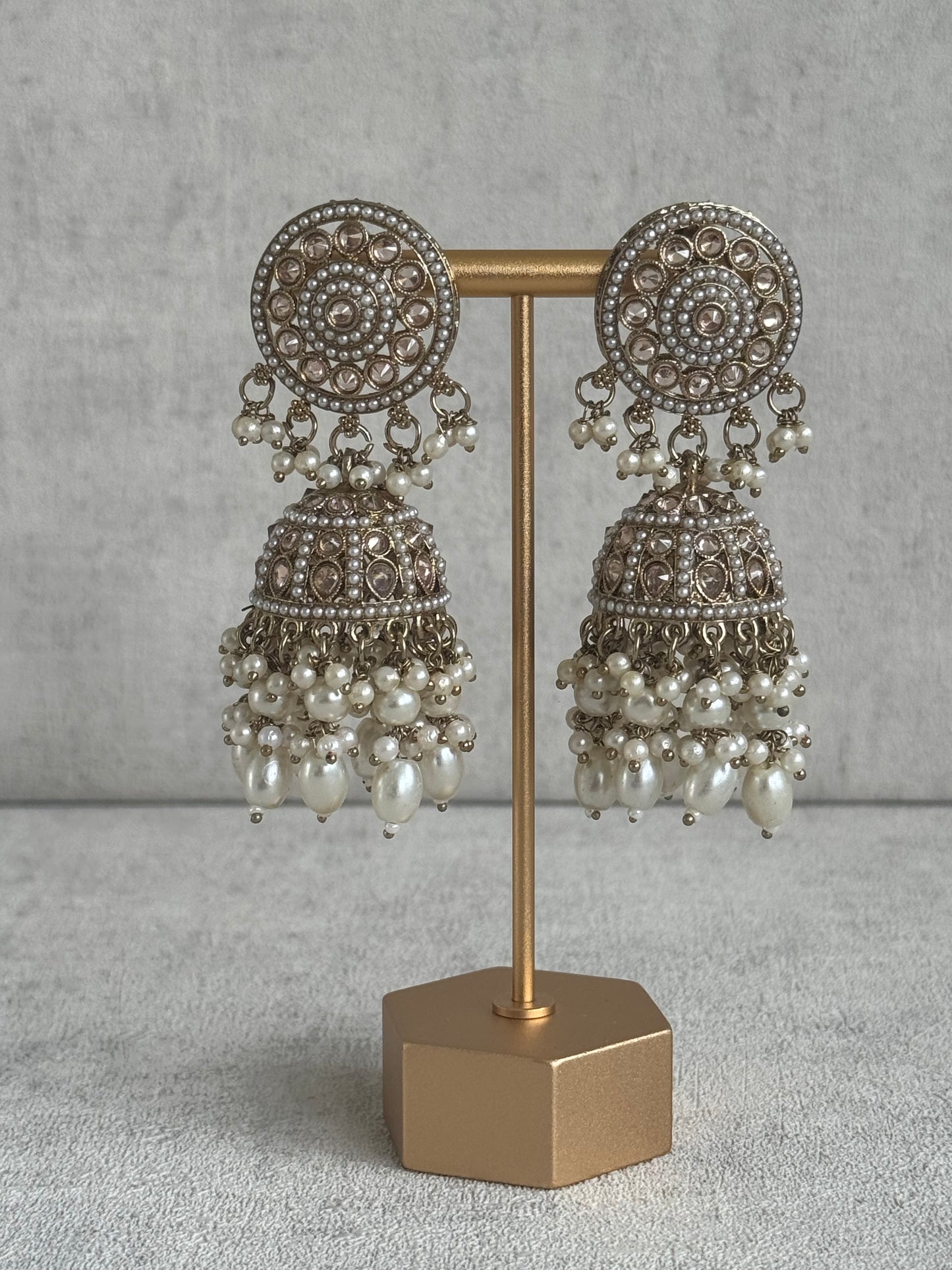 Ayura Designs Noorza Set with Jhumkis and Tikka – Pearl White Stones, Antique Gold & Polki Finish