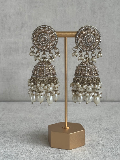 Ayura Designs Noorza Set with Jhumkis and Tikka – Pearl White Stones, Antique Gold & Polki Finish