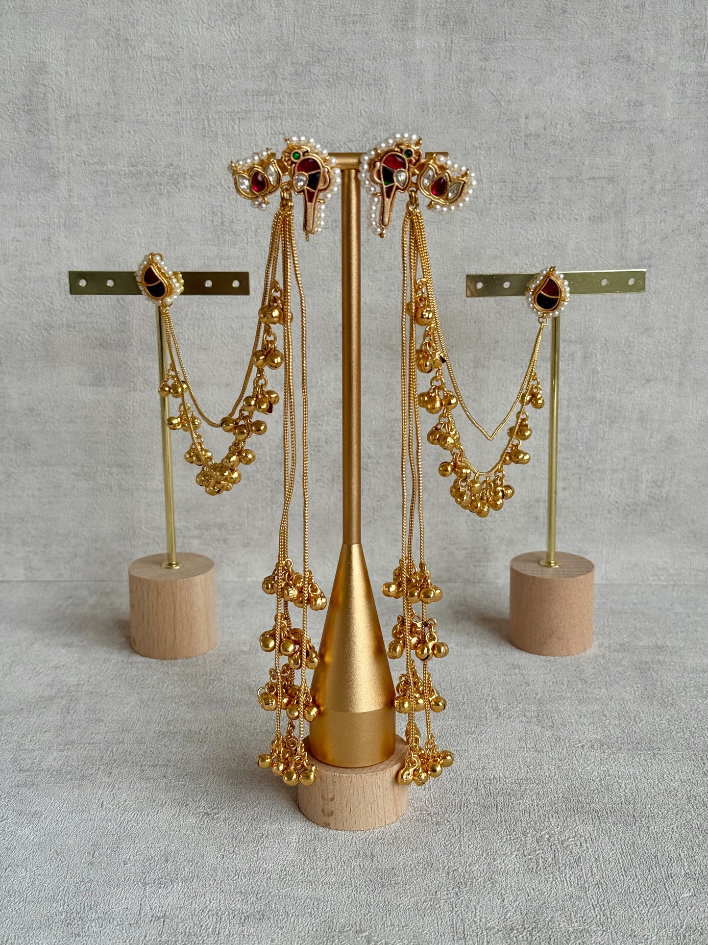 Ayura Designs Aman Earrings with Sahare – Kashmiri-Inspired Meenakari in Ruby Red & Emerald Green with Bird & Lotus Motifs