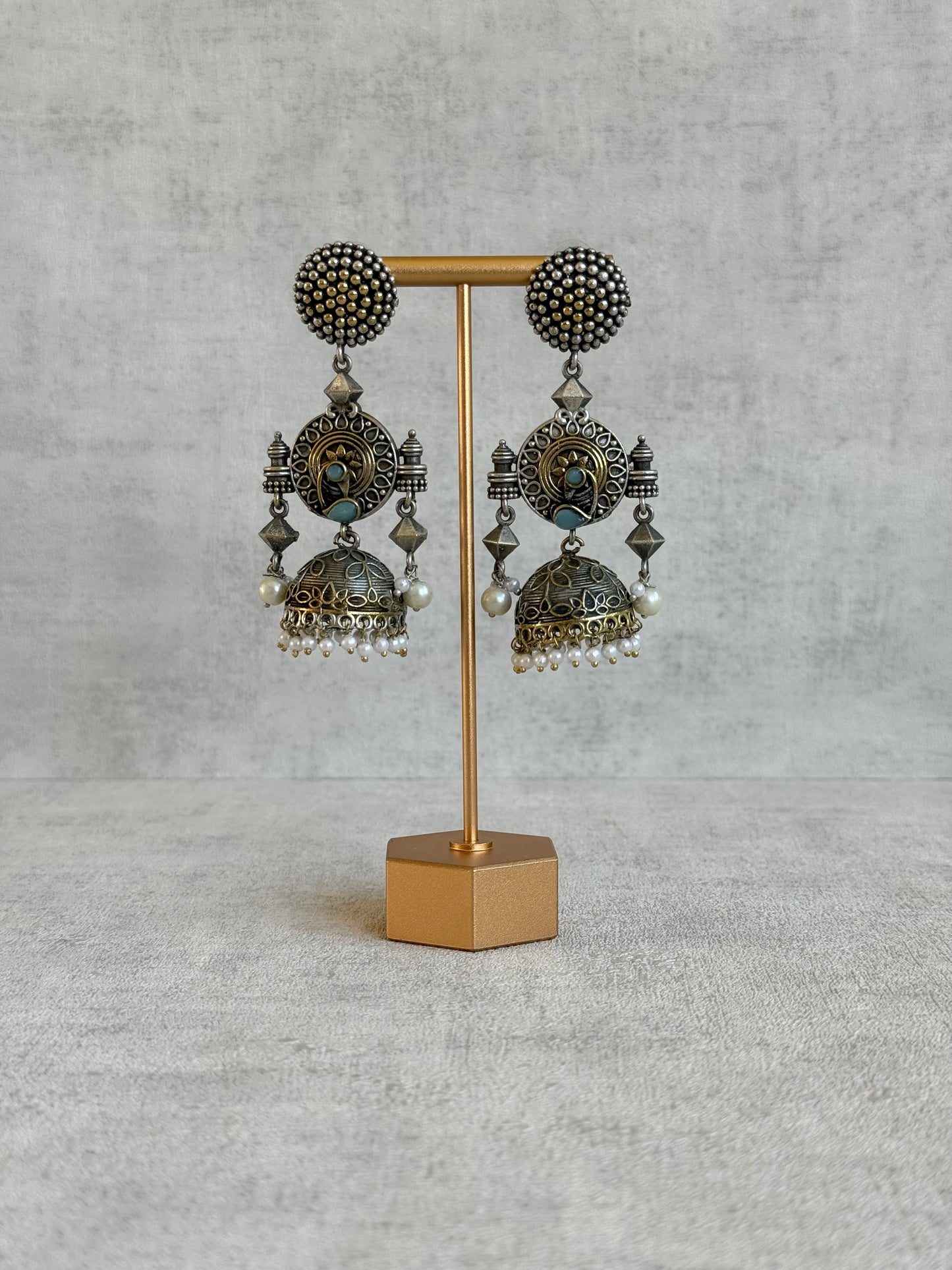 Ayura Designs Elaf Jhumki Earrings – Oxidised Silver Jhumkis with Peacock Motifs, Turquoise Stones & Pearl Drops