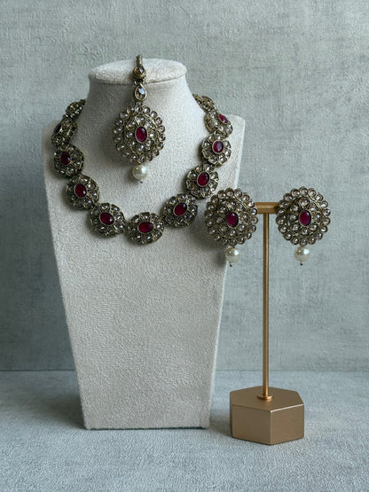 Ayura Designs Sania Set with Necklace, Earrings & Tikka – Ruby Red Stones, Kundan Detailing & Antique Gold Finish