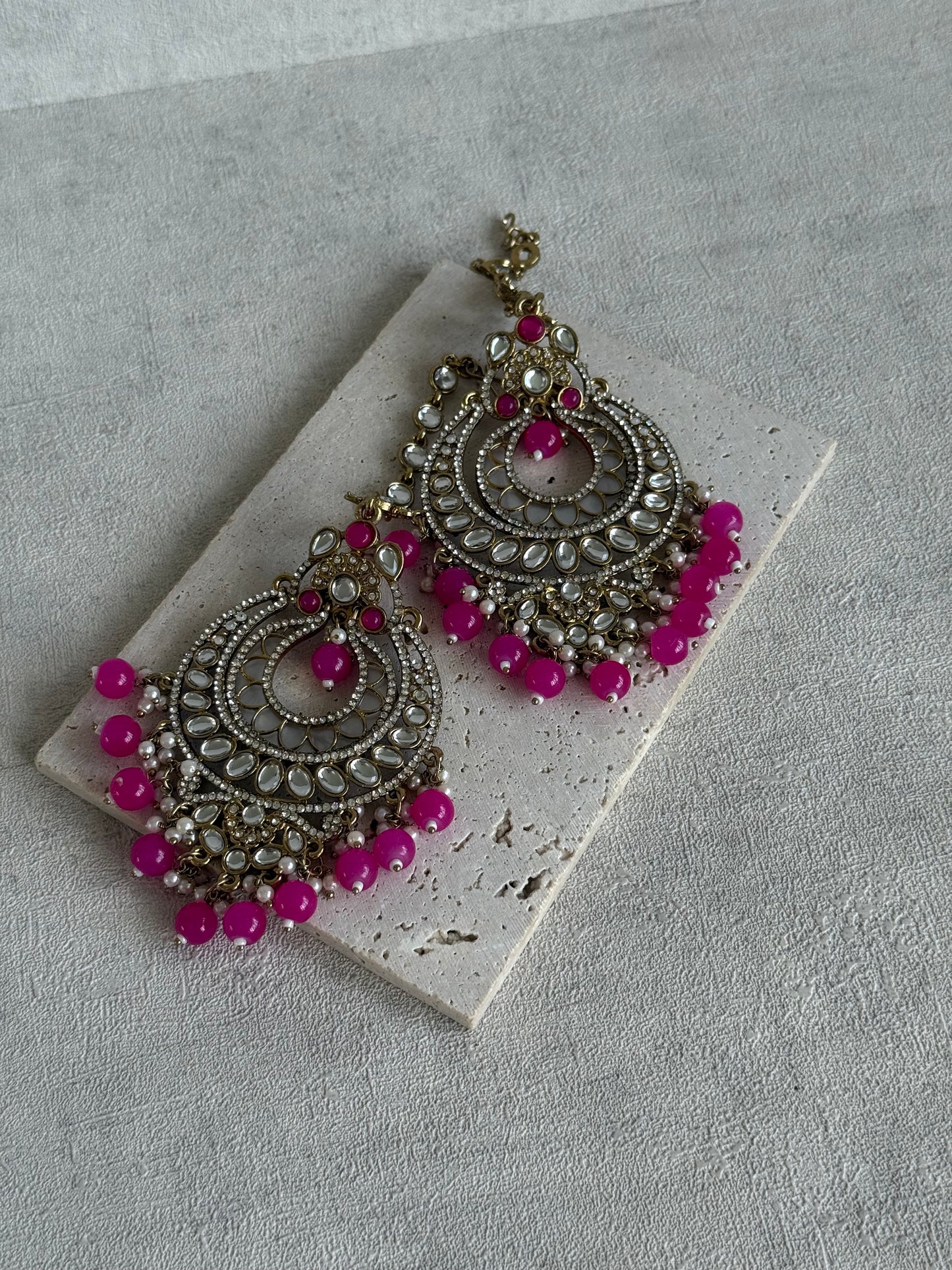 Ayura Designs Rabia Chandbalis – Antique Gold Kundan Earrings with Fuchsia Beads, Pearls & Attached Sahare