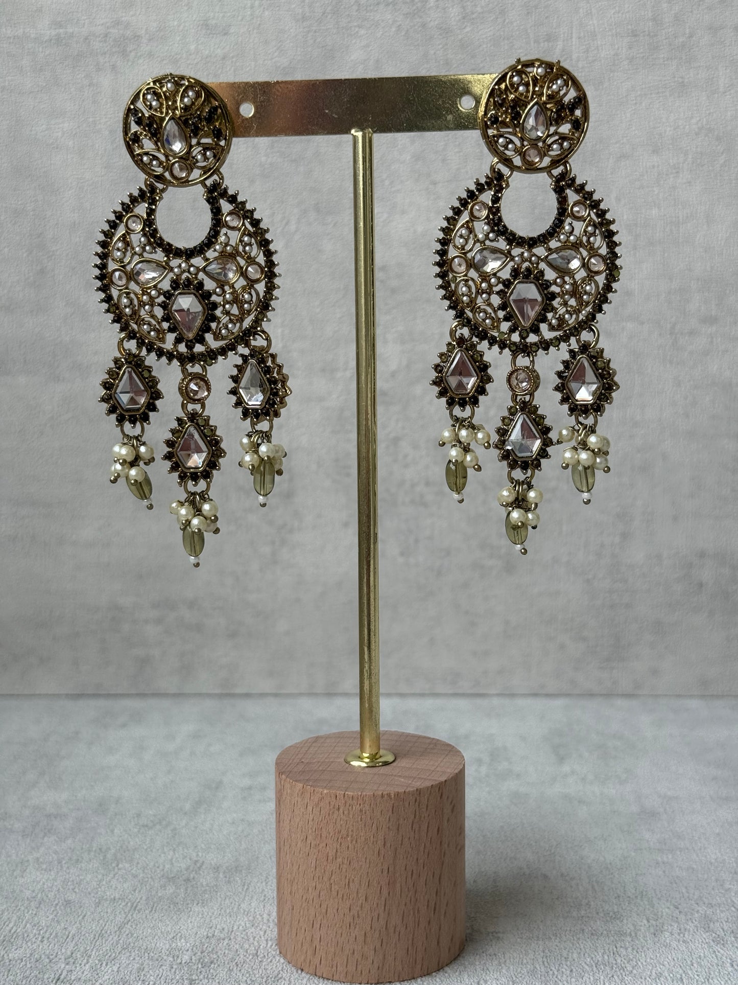Ayura Designs Nimra Set with Earrings & Tikka – Mirror-Cut Polki, Olive Green Beads & Antique Gold Finish
