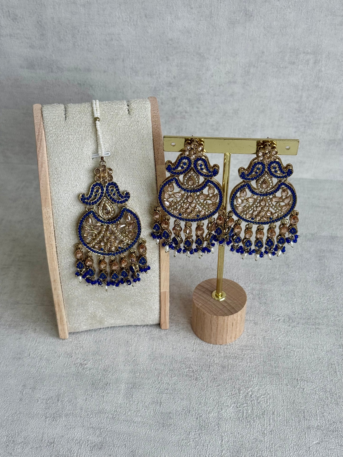 Ayura Designs Anvi Tikka Set with Earrings – Ink Blue with Champagne Stones & Pearl Drops