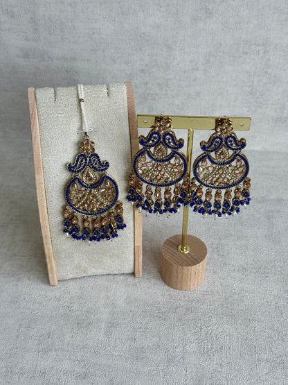 Ayura Designs Anvi Tikka Set with Earrings – Ink Blue with Champagne Stones & Pearl Drops