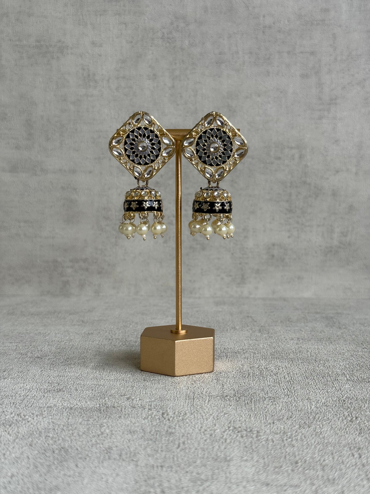 Ayura Designs Rangoli Jhumkis – Silver, Black & Ivory Meenakari with Pearl Drops in Antique Gold Finish