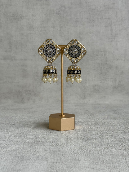 Ayura Designs Rangoli Jhumkis – Silver, Black & Ivory Meenakari with Pearl Drops in Antique Gold Finish