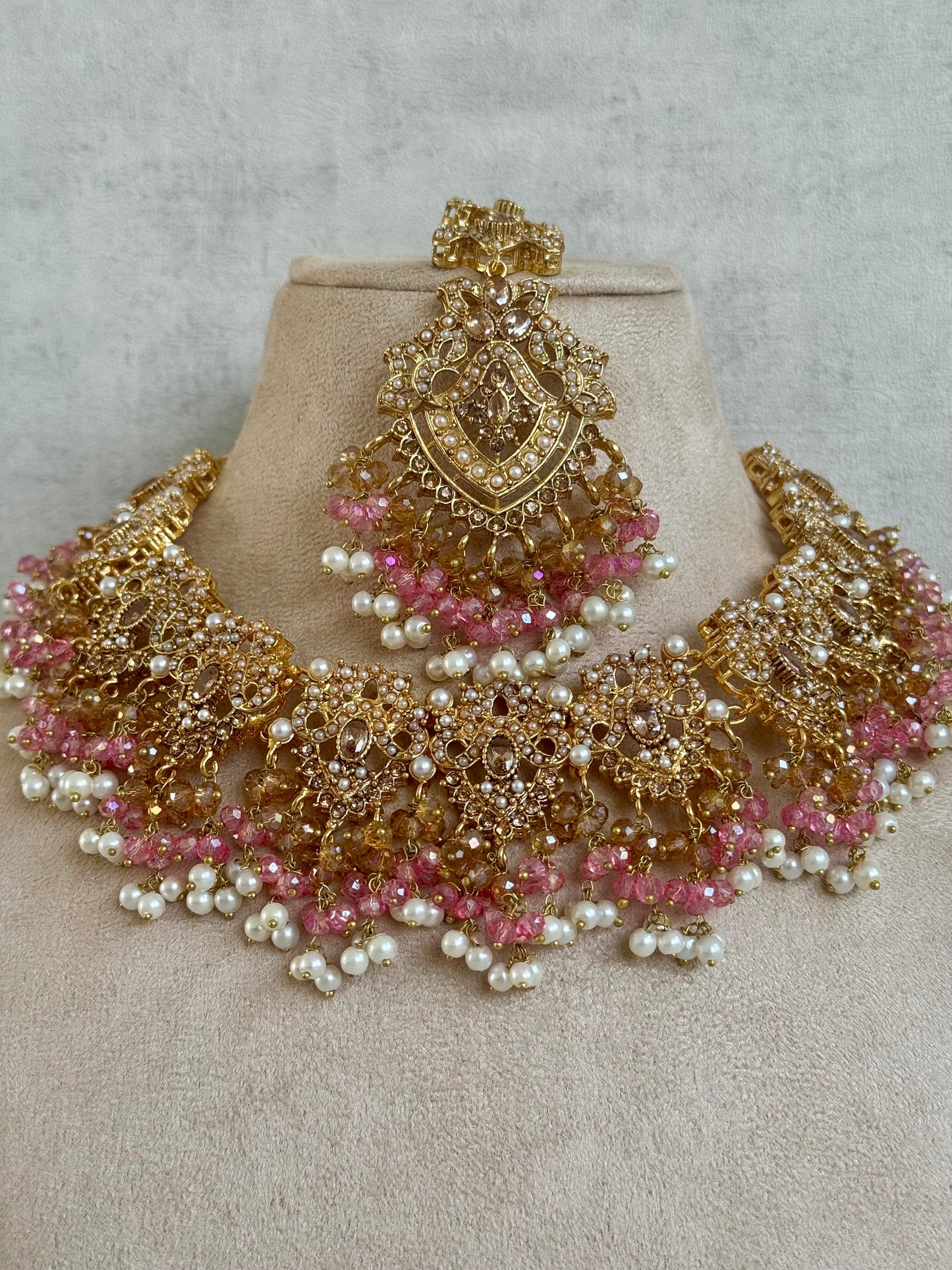 Ayura Designs Faryal Bridal Set with Necklace, Earrings, Tikka & Jhoomar – Antique Gold, Pearl & Blush Pink Detailing