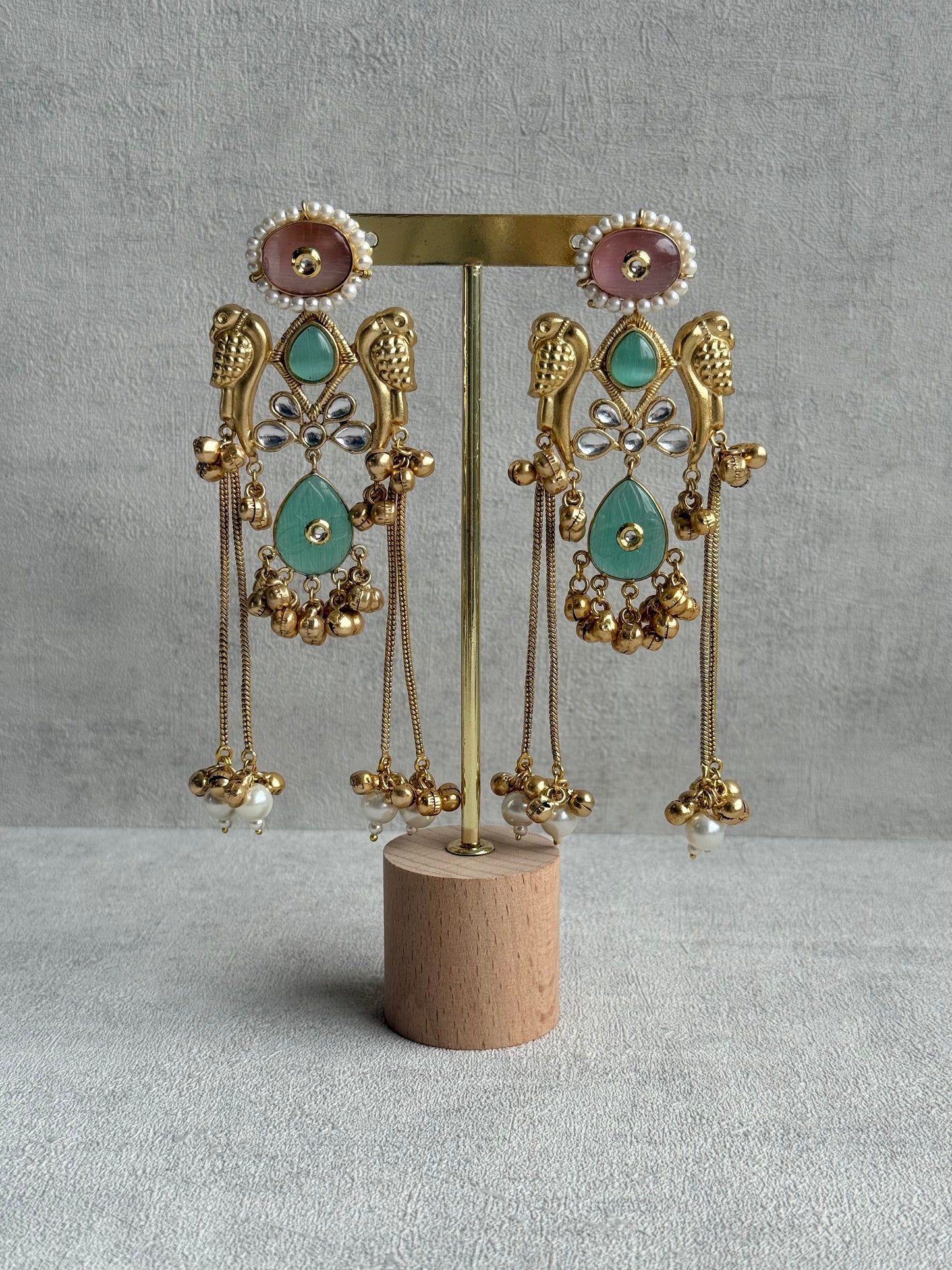 Ayura Designs Mehrun Earrings – Kashmiri Earrings with Mint Green Stones, Blush Pink Detailing & Pearl Drop Chains