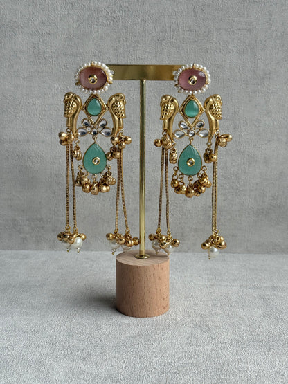 Ayura Designs Mehrun Earrings – Kashmiri Earrings with Mint Green Stones, Blush Pink Detailing & Pearl Drop Chains