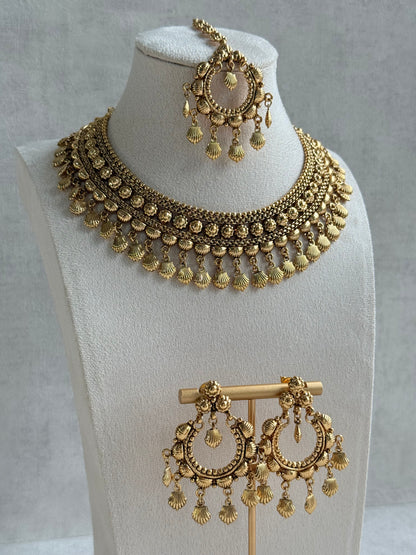 Ayura Designs Falaq Necklace Set with Earrings & Tikka – Gold Finish with Layered Chain, Floral & Shell Drop Detailing