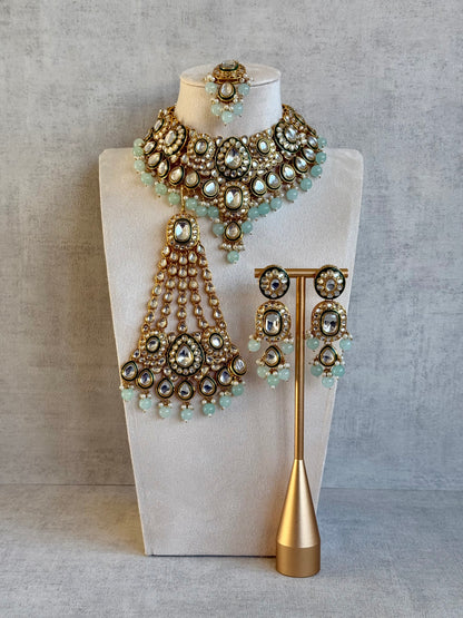 Ayura Designs Jashan Set with Necklace, Earrings, Tikka & Passa – Kundan Detailing, Pearl Drops & Soft Mint Green Beads