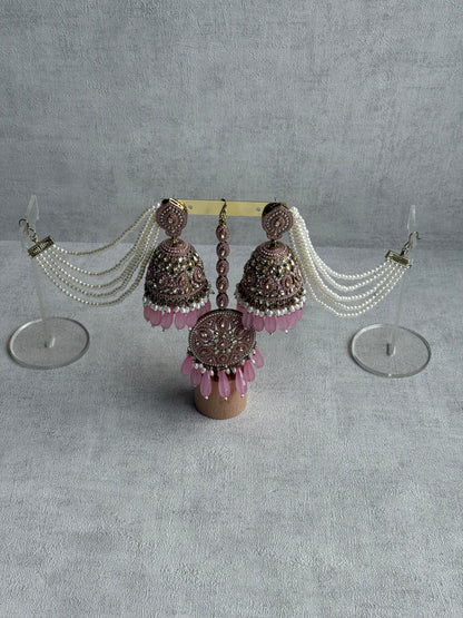 Ayura Designs Amrita Tikka Set – Jhumkis with Sahare & Tikka in Blush Pink, Pearls and Antique Gold Finish