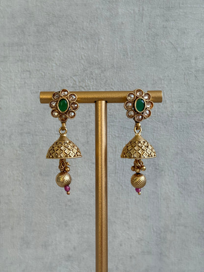 Ayura Designs Kavish Choker Set – Antique Gold Choker with Jhumkis in Rani Pink & Emerald Green with Pearl Detailing