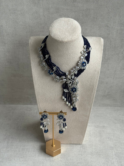 Ayura Designs Chloe Set – Silver Necklace & Earrings with Sapphire Stones, Pearls & Moissanite Detailing