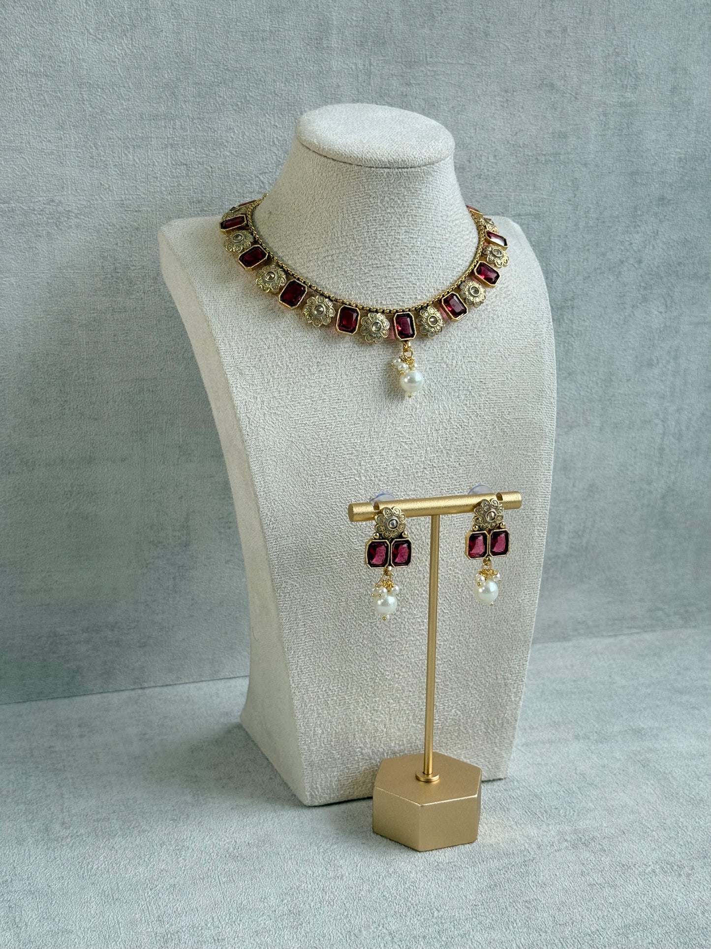 Ayura Designs Padma Necklace Set with Earrings – Rani Pink Stones with Pearl Drop Detailing