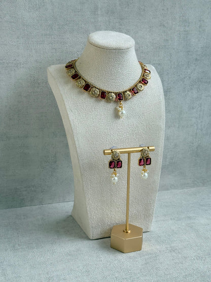 Ayura Designs Padma Necklace Set with Earrings – Rani Pink Stones with Pearl Drop Detailing