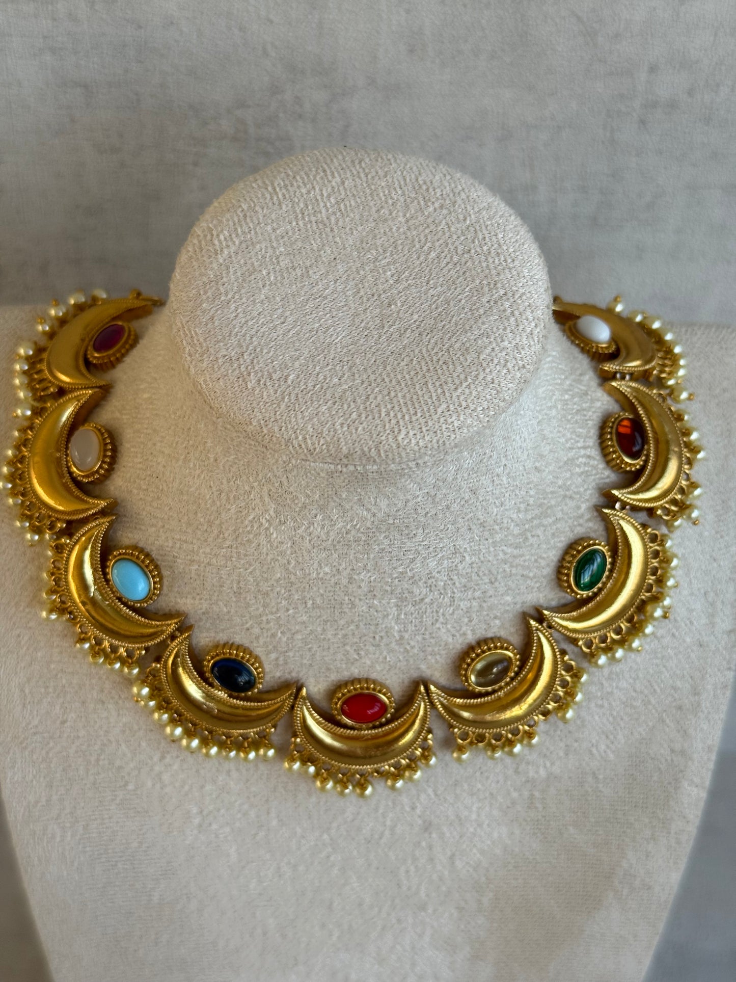 Ayura Designs Laksha Set with Earrings – Antique Gold Crescent Motifs, Multicolour Stones & Pearl Detailing