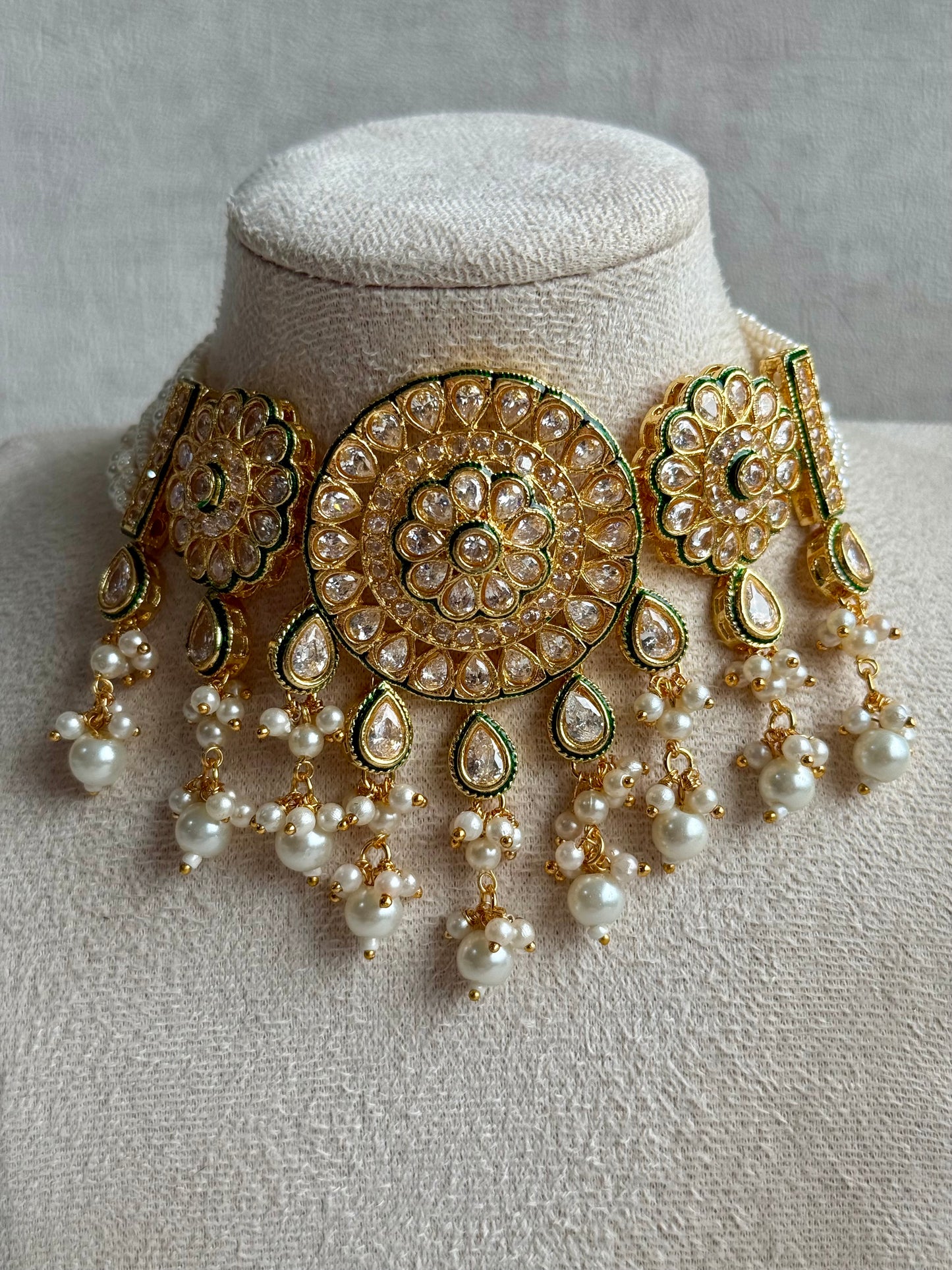Ayura Designs Khusali Set – Necklace & Earrings with Kundan Stones, Green Enamel, and Pearl Detailing