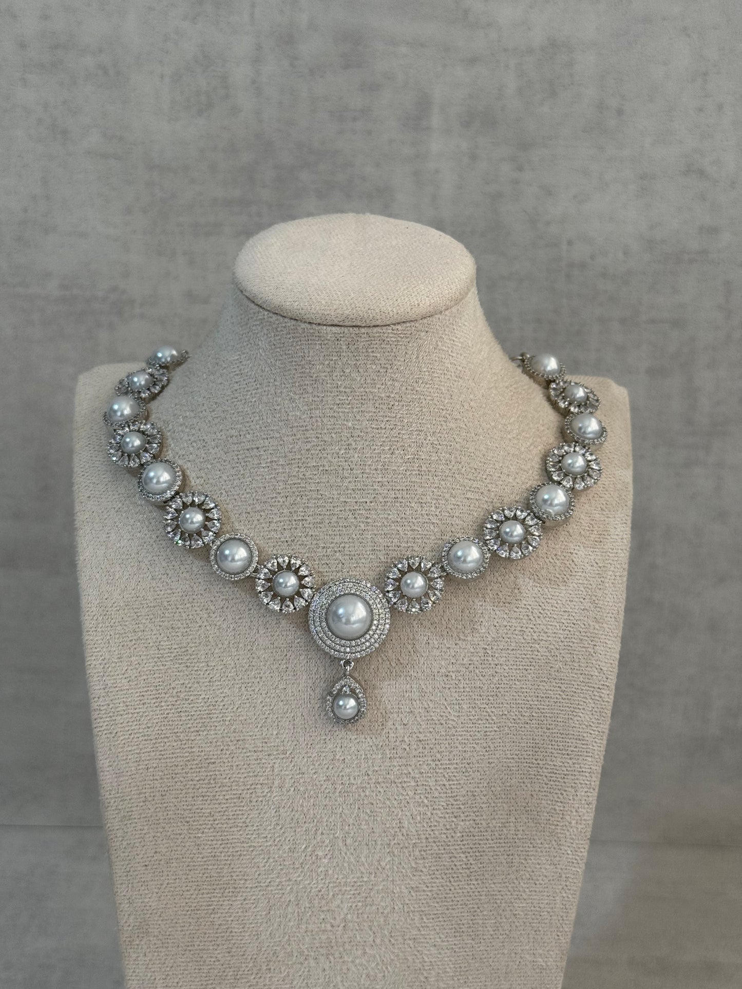 Ayura Designs Evelyn Set with Necklace & Stud Earrings – Silver Finish, Pearlescent Stones & Crystal Accents