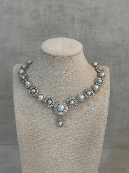 Ayura Designs Evelyn Set with Necklace & Stud Earrings – Silver Finish, Pearlescent Stones & Crystal Accents