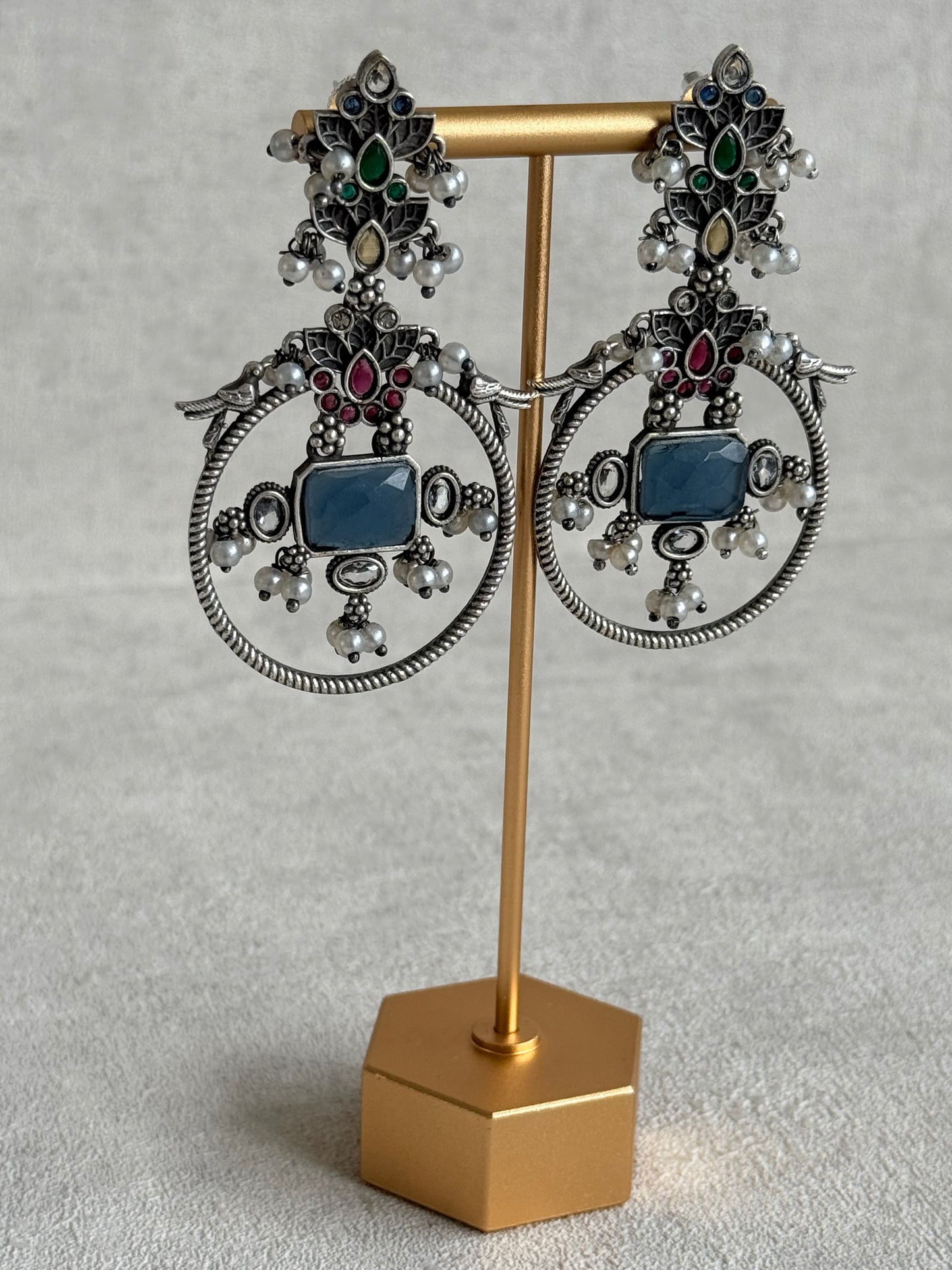 Ayura Designs Katha Earrings – Oxidised Statement Earrings with Multicolour Stonework & Pearl Detailing