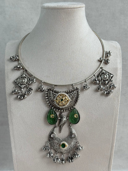 Ayura Designs Jiyana Collar Necklace Set – Leaf Green Carved Teardrop Stones & Oxidised Silver Finish