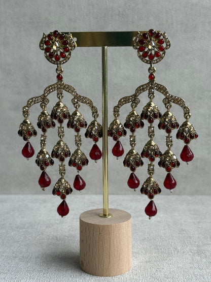 Ayura Designs Jasmine Earrings – Chandelier Earrings with Maroon Beads & Antique Gold Detailing