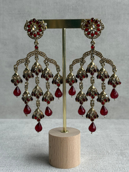 Ayura Designs Jasmine Earrings – Chandelier Earrings with Maroon Beads & Antique Gold Detailing