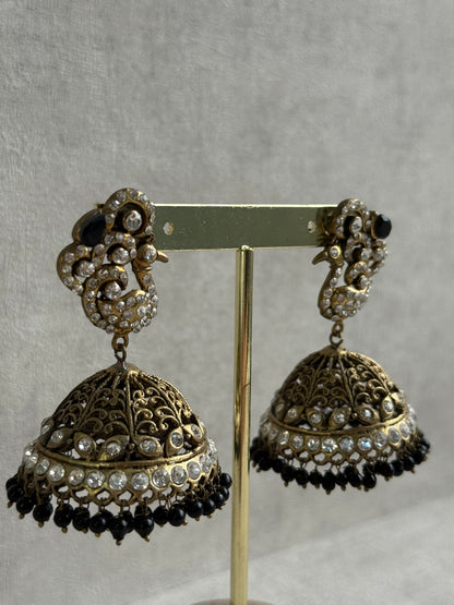 Ayura Designs Mayurika Jhumkis – Antique Gold Jhumkis with Crystal Stones, Black Beads & Peacock Motif