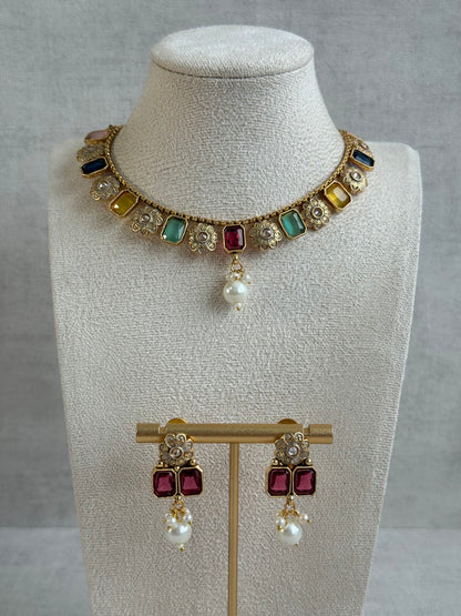 Ayura Designs Padma Necklace Set with Earrings – Multicolour Stones with Pearl Drop Detailing