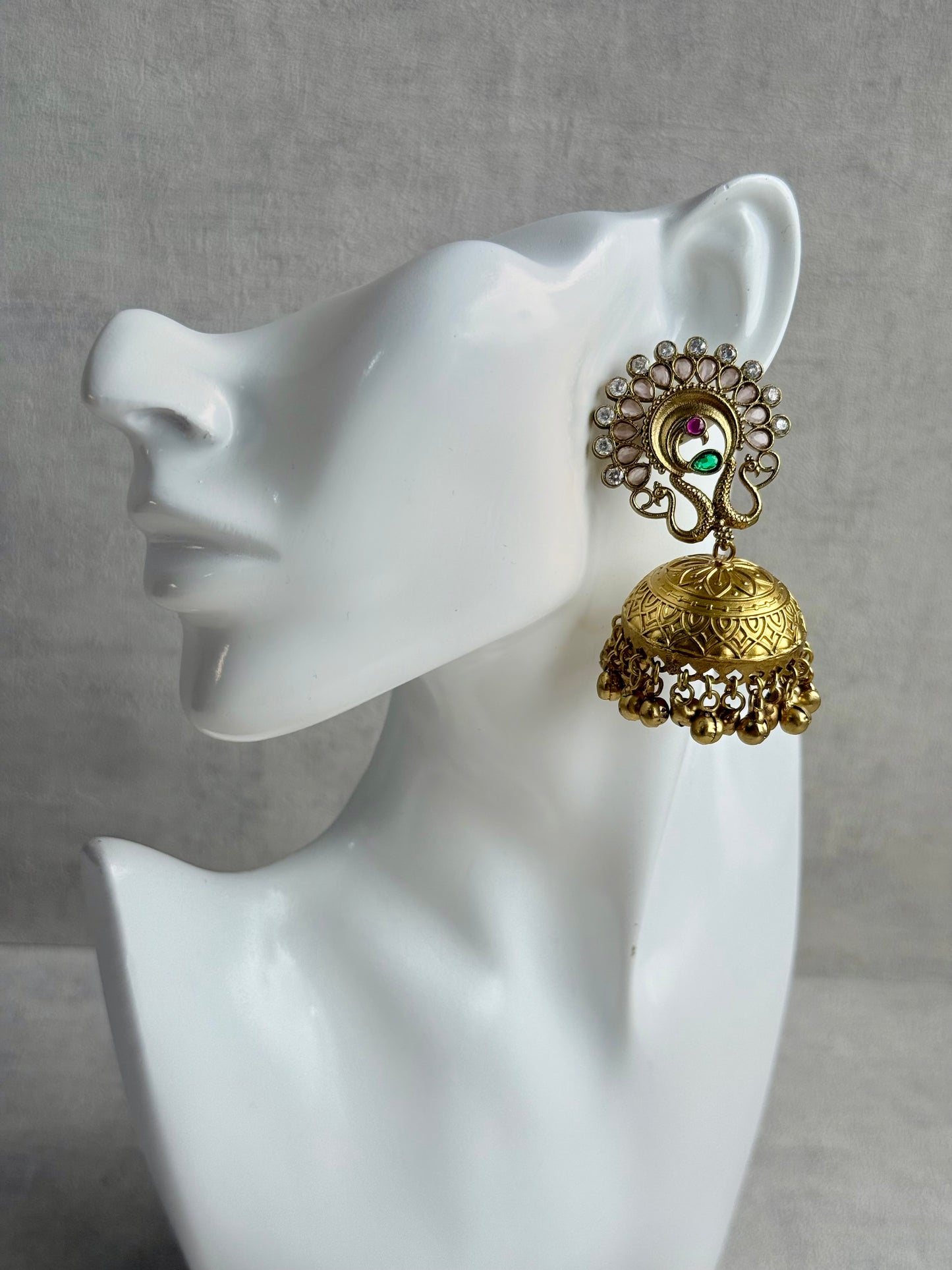 Ayura Designs Moraya Jhumkis – Blush Pink Peacock Motif with Antique Gold Detailing