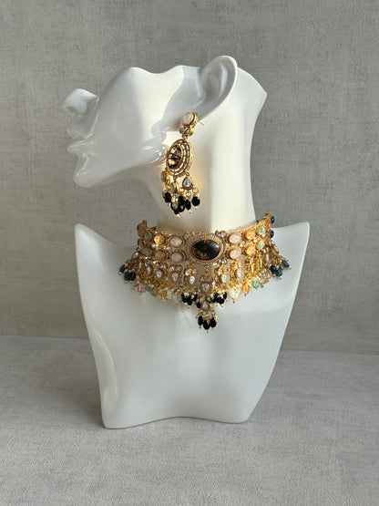 Ayura Designs Poppy Choker Set with Statement Earrings – Smoky Stone Centre with Pastel Beads, Pearls and Black Drops