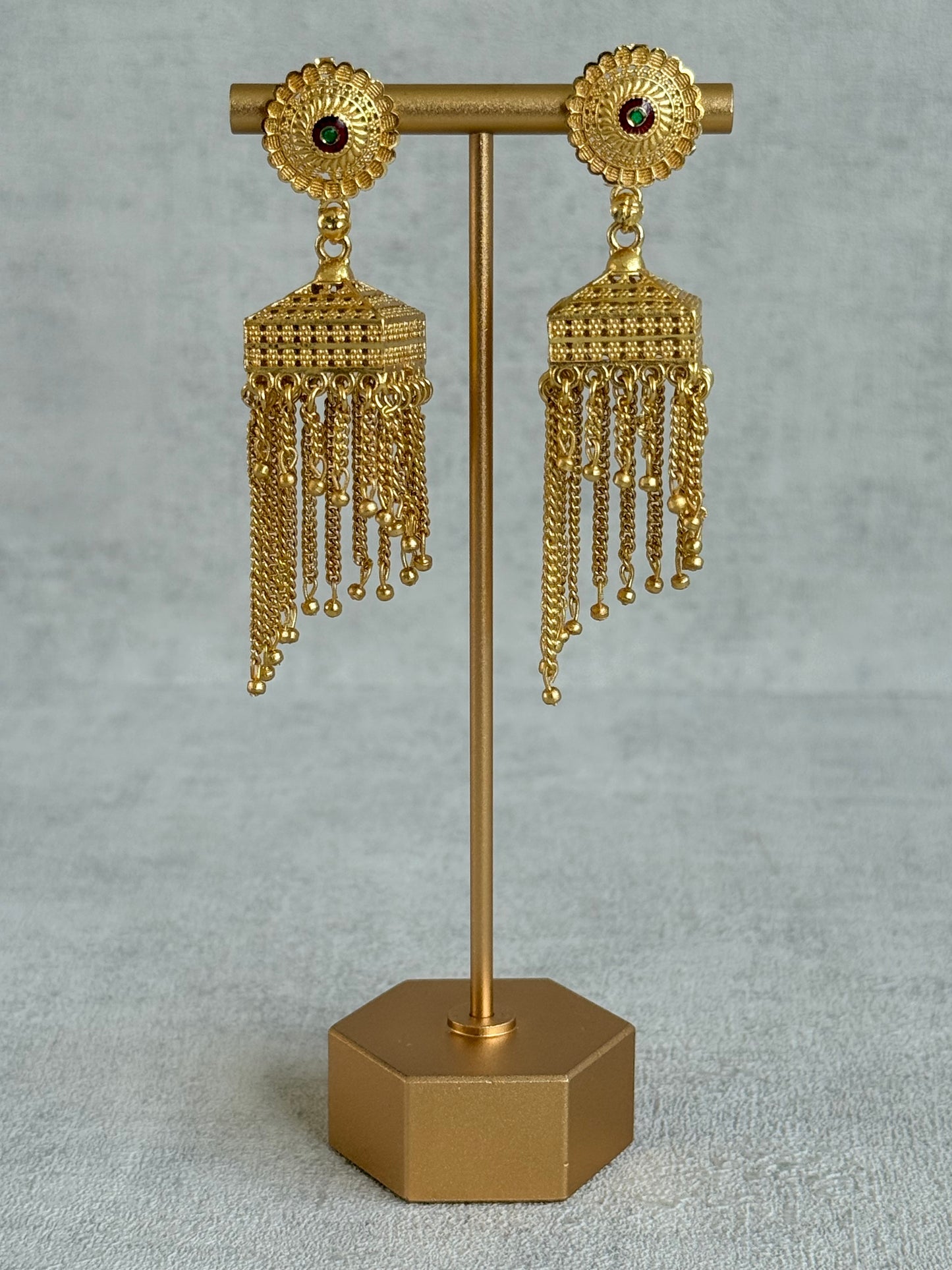 Ayura Designs Raati Jhumkis – Gold Chain Tassel Statement Earrings