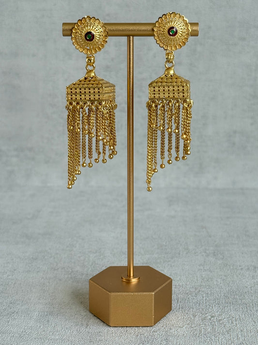 Ayura Designs Raati Jhumkis – Gold Chain Tassel Statement Earrings