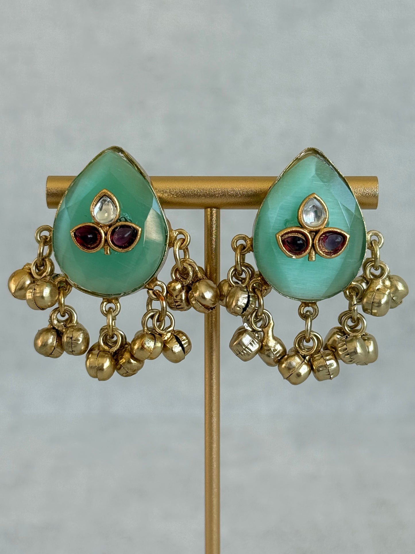 Ayura Designs Aykai Earrings – Mint Green Teardrop Stud Earrings with Clear & Pink Kundan Stones and Gold Ghungroo Drops