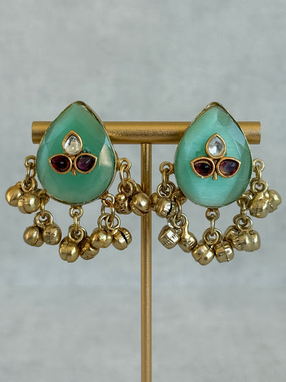 Ayura Designs Aykai Earrings – Mint Green Teardrop Stud Earrings with Clear & Pink Kundan Stones and Gold Ghungroo Drops