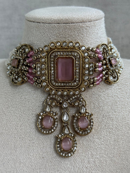 Ayura Designs Nabiha Choker Set with Studs – Blush Pink Stones, Pearl Detailing & Antique Gold Finish