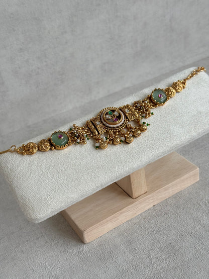 Ayura Designs Pravya Bracelet – Gold Bracelet with Mint, Pink & Green Stones & Ghungroo Detailing