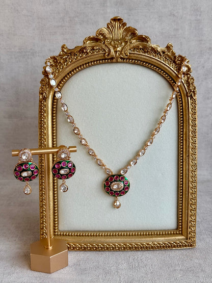 Ayura Designs Jiya Set with Earrings – Oval Motif, Pink & Green Meenakari with Crystal Detailing