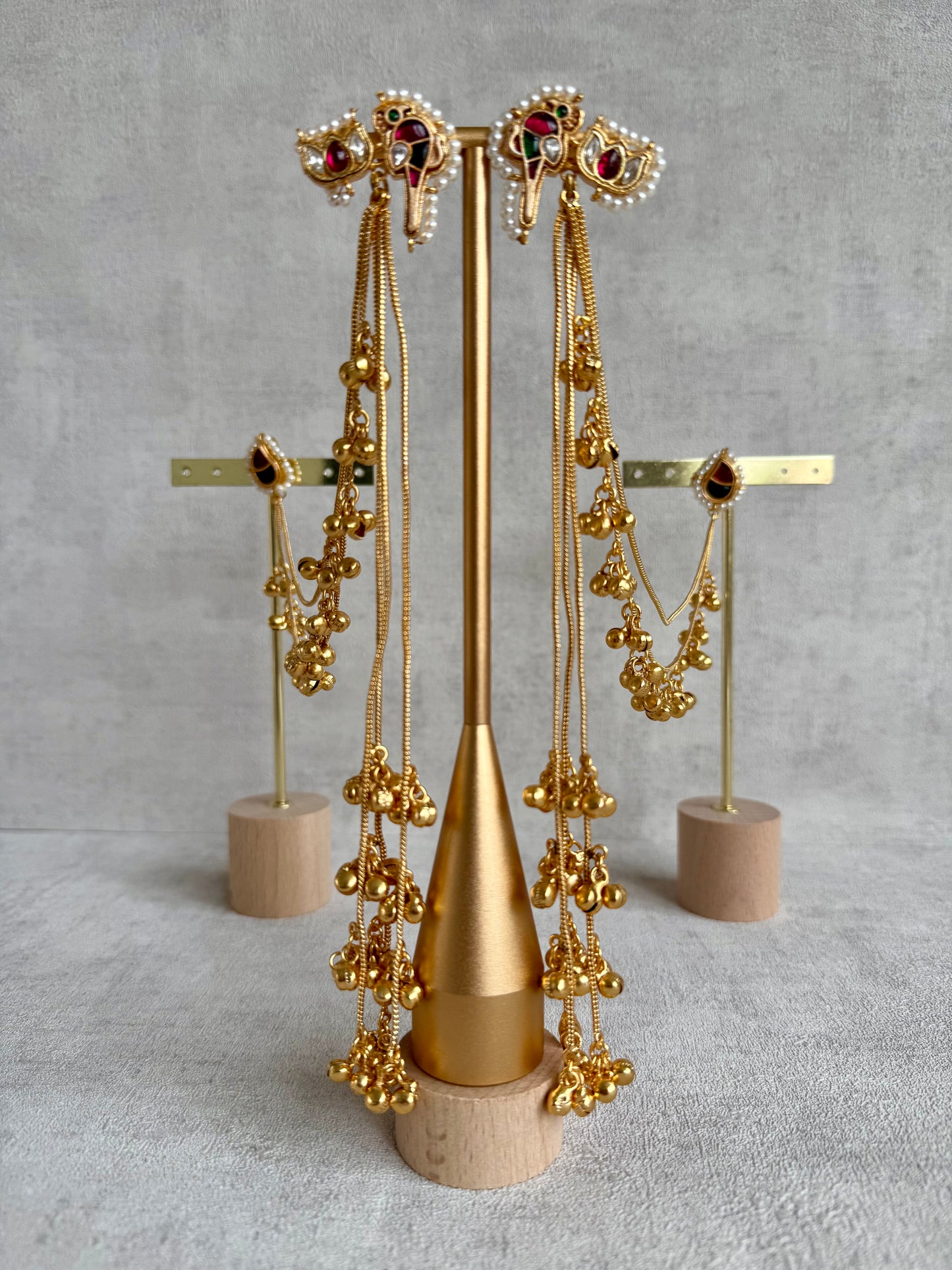 Ayura Designs Aman Earrings with Sahare – Kashmiri-Inspired Meenakari in Ruby Red & Emerald Green with Bird & Lotus Motifs