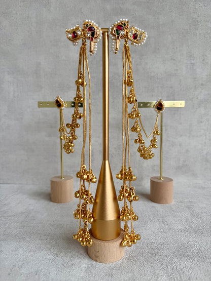 Ayura Designs Aman Earrings with Sahare – Kashmiri-Inspired Meenakari in Ruby Red & Emerald Green with Bird & Lotus Motifs