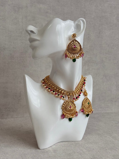 Ayura Designs Hamida Set with Necklace, Earrings & Tikka – Antique Gold with Ruby Pink and Emerald Green Beads & Pearl Detailing