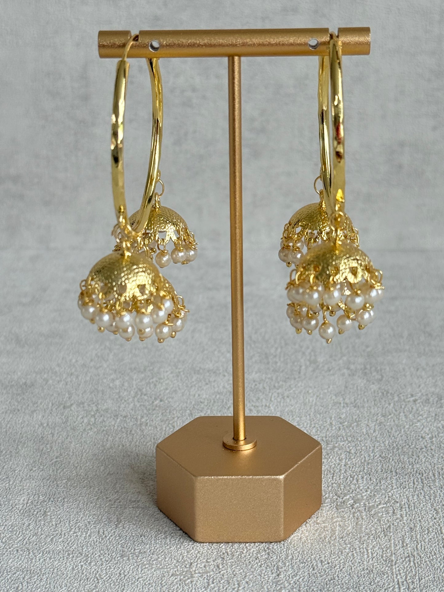Ayura Designs Anam Balis – Gold Triple Jhumki Hoop Earrings with Pearl Drops