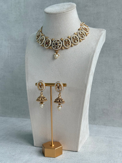 Ayura Designs Laina Necklace Set with Jhumkis – Kundan & Rani Pink Stones, Pearls & Antique Gold Finish