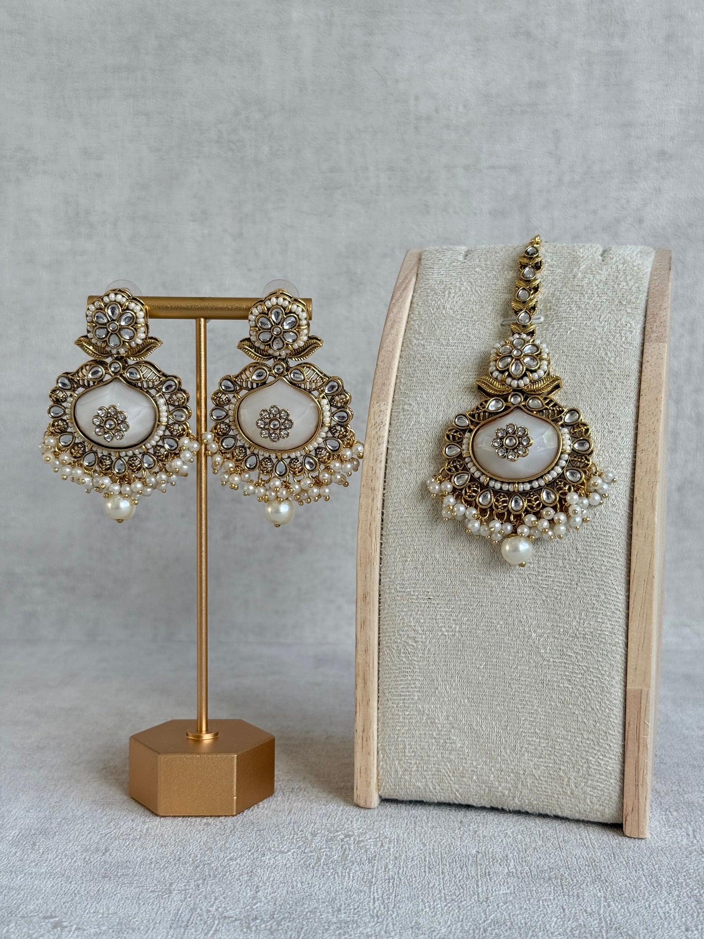 Ayura Designs Asra Tikka Set with Earrings – Ivory Stone, Kundan & Pearl Detailing