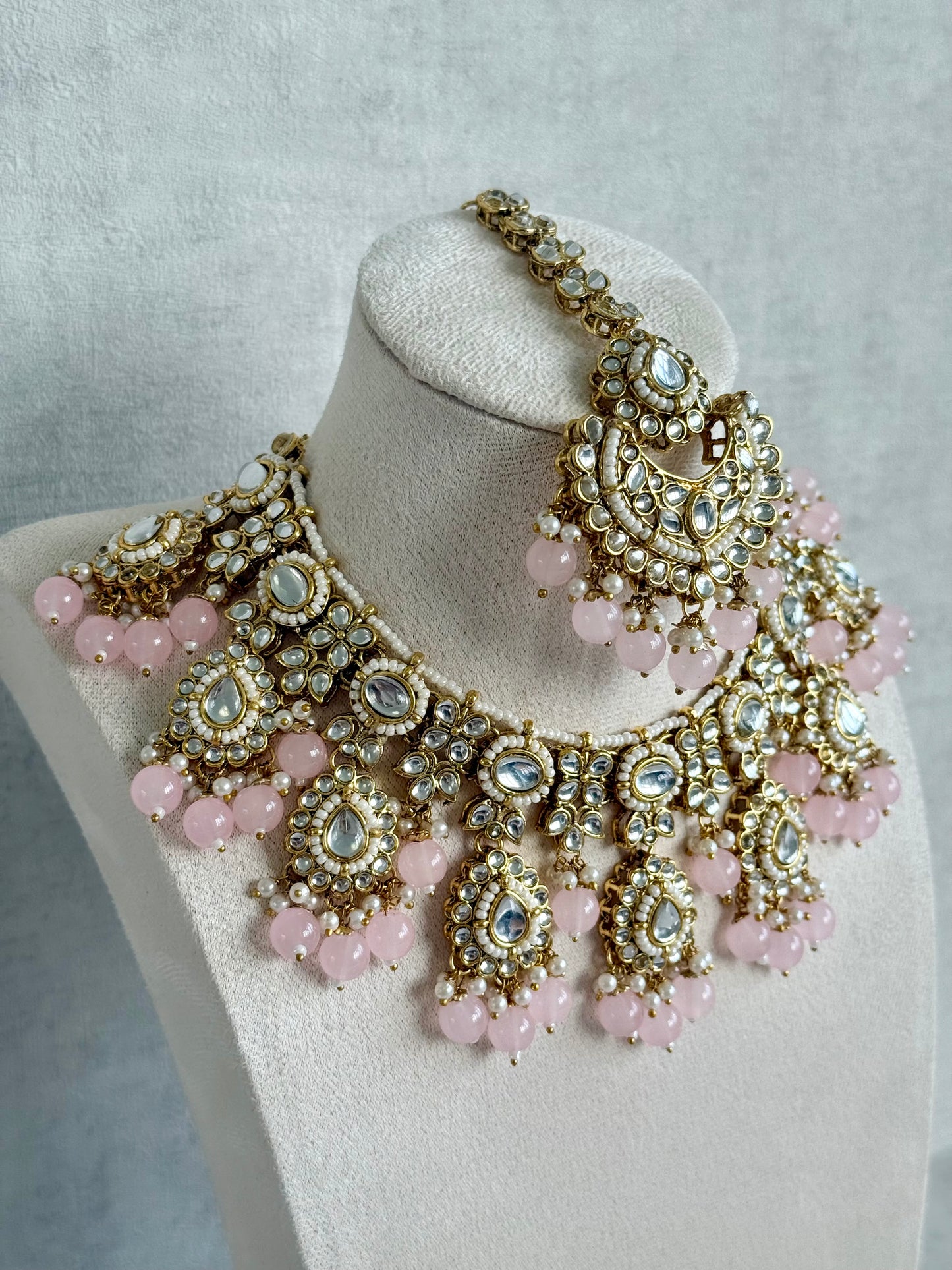 Ayura Designs Iyla Set with Necklace, Earrings & Tikka – Kundan Detailing, Ivory Pearl Drops & Blush Pink Beads